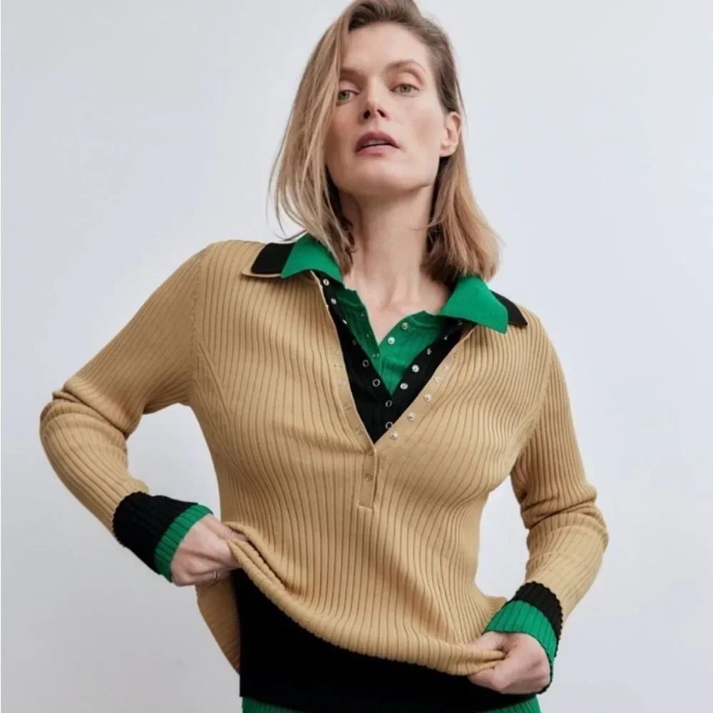 ZARA Ribbed Knit Polo Camel Size Small - Picture 4 of 12